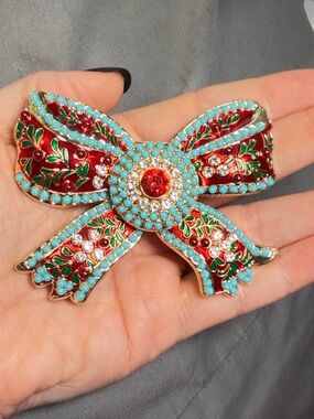 Bow Brooch Rhinestone Enamel Red Green Blue Crystal Large Statement 3"